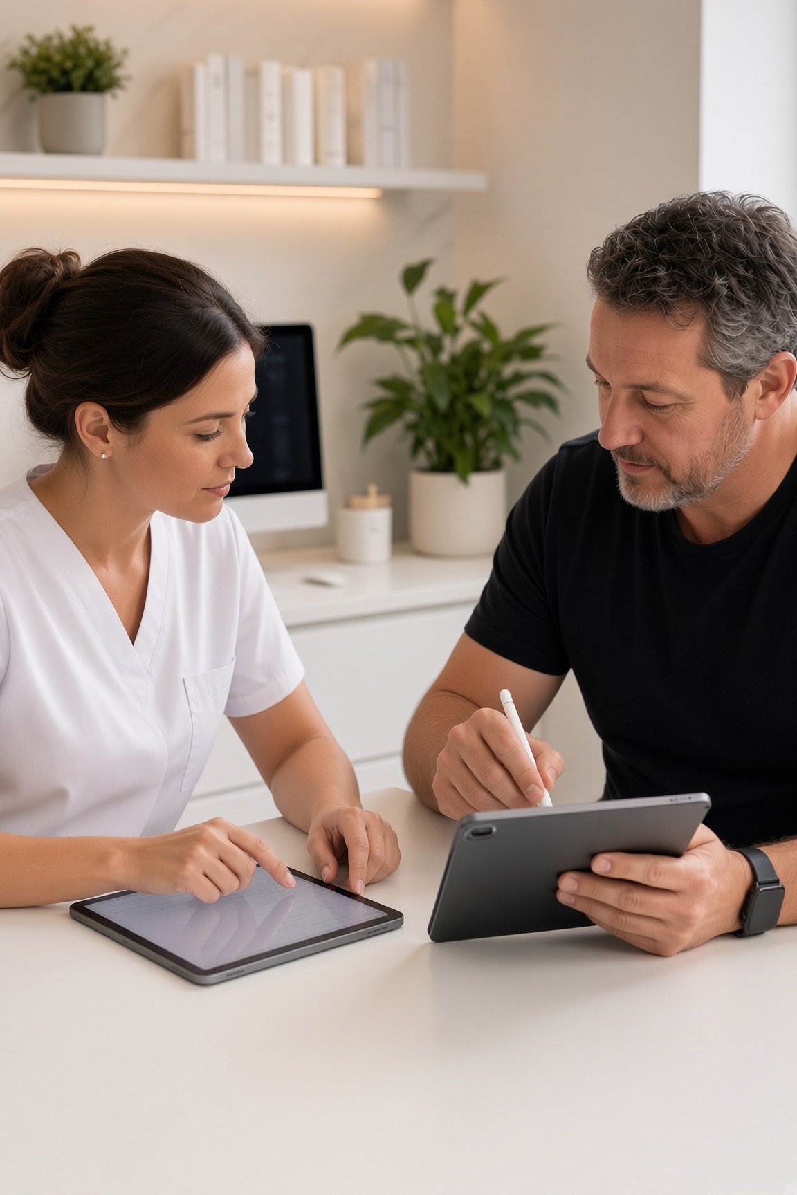 A SHIFT consultant with an iPad sitting with a beauty clinician in a clinic back office, reviewing how the business works.