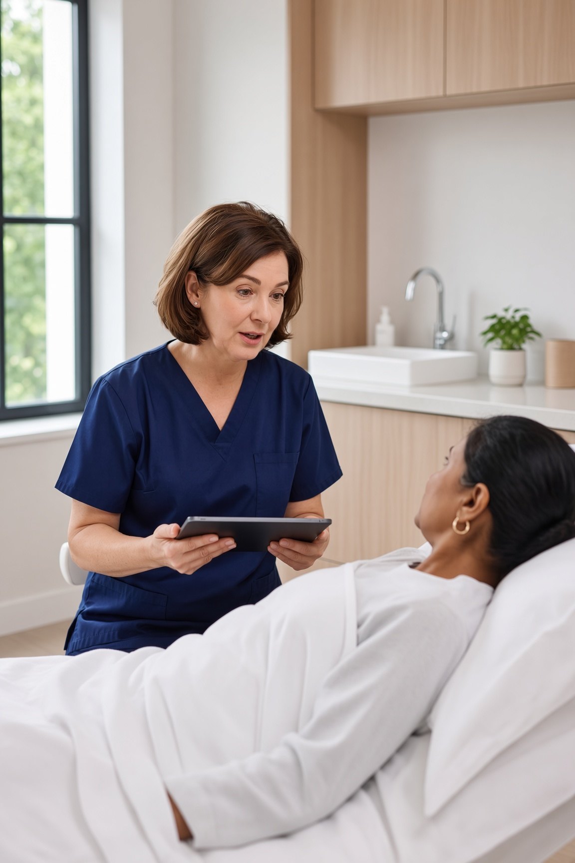 An aesthetics practitioner talking with a client in a modern treatment room, reviewing information on a tablet.