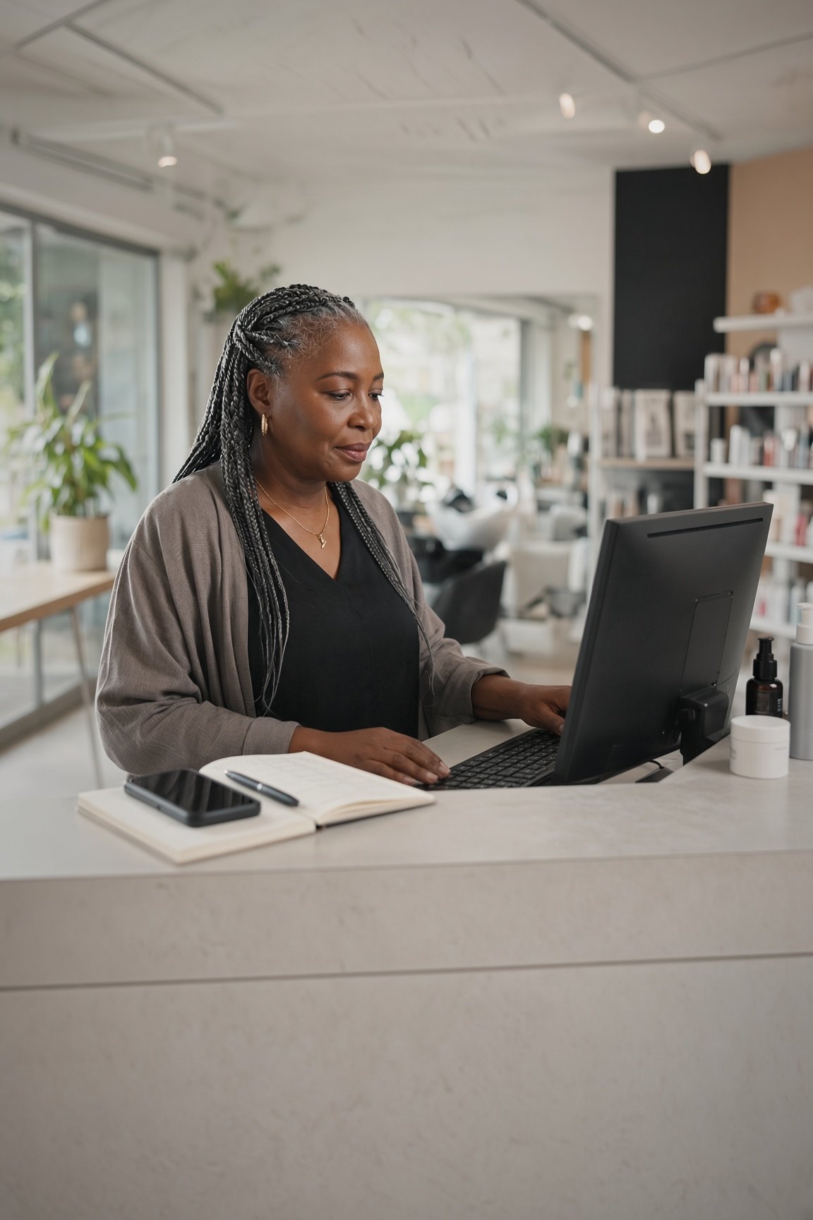 A beauty business owner checking appointments on a computer at a modern reception desk.