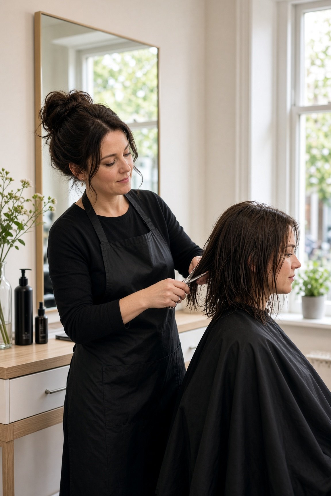 A hairdresser with dark brown hair cutting a client’s hair in a modern independent salon.