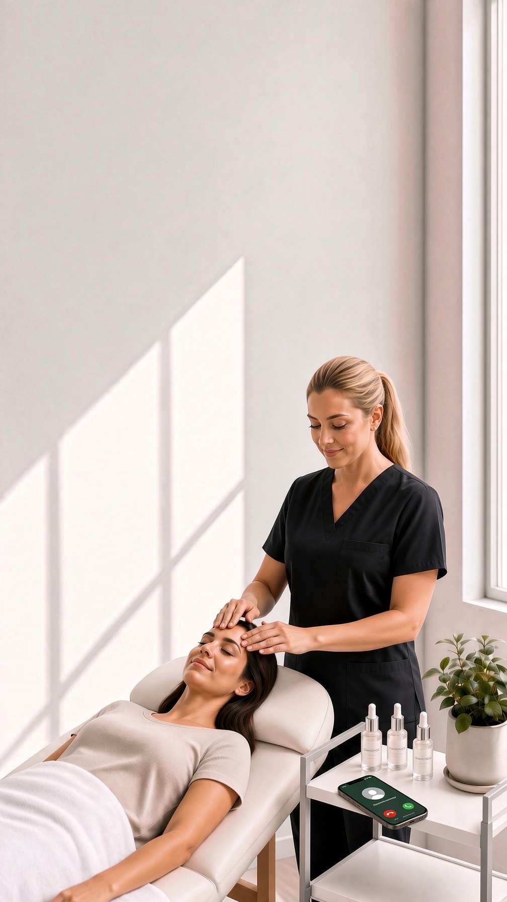 An aesthetics practitioner treating a client while a phone lights up on the trolley beside them.