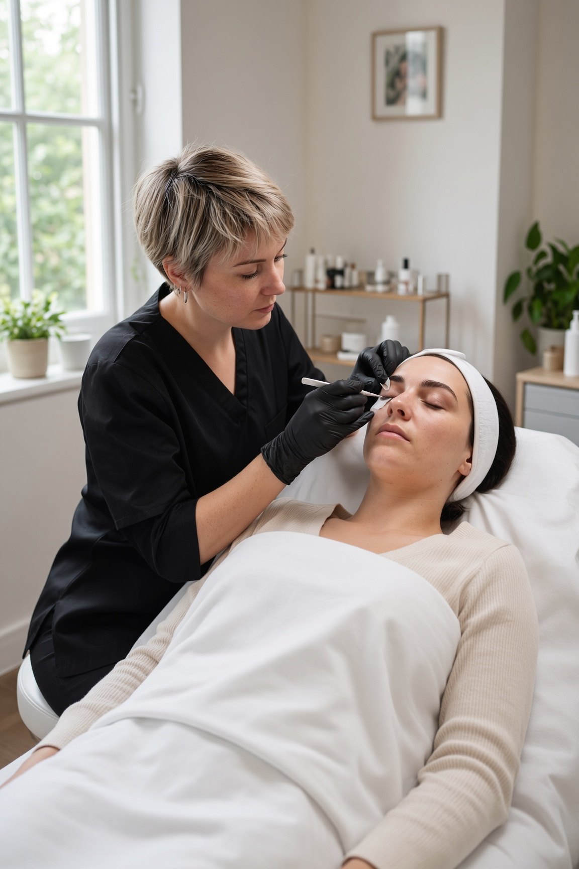 A lash technician working with a client in a small specialist beauty studio.
