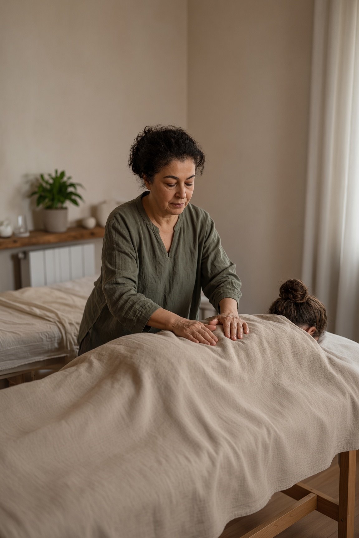A wellness practitioner giving a massage in a calm independent treatment room.