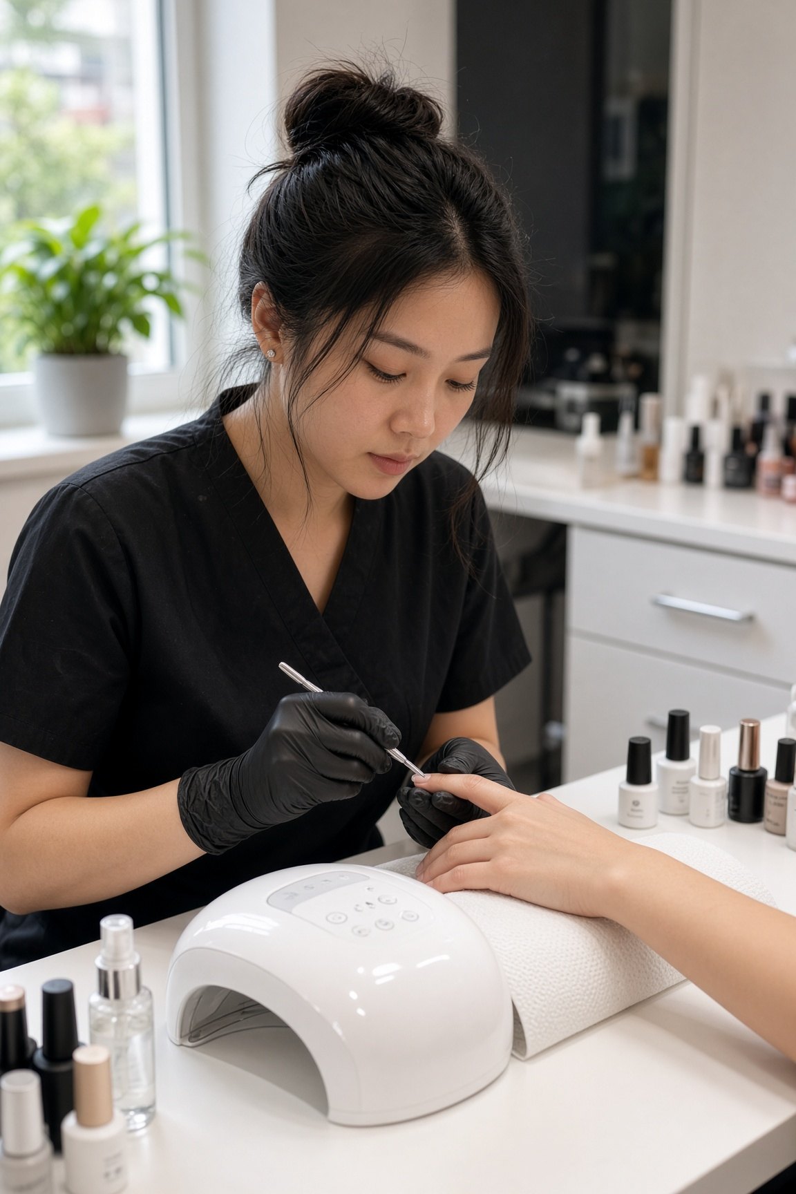 A nail technician working on a customer’s hands at a modern independent salon station.