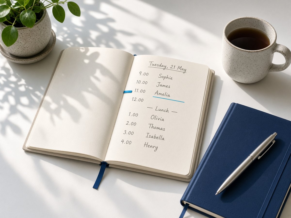 An open appointment diary on a calm, organised desk.