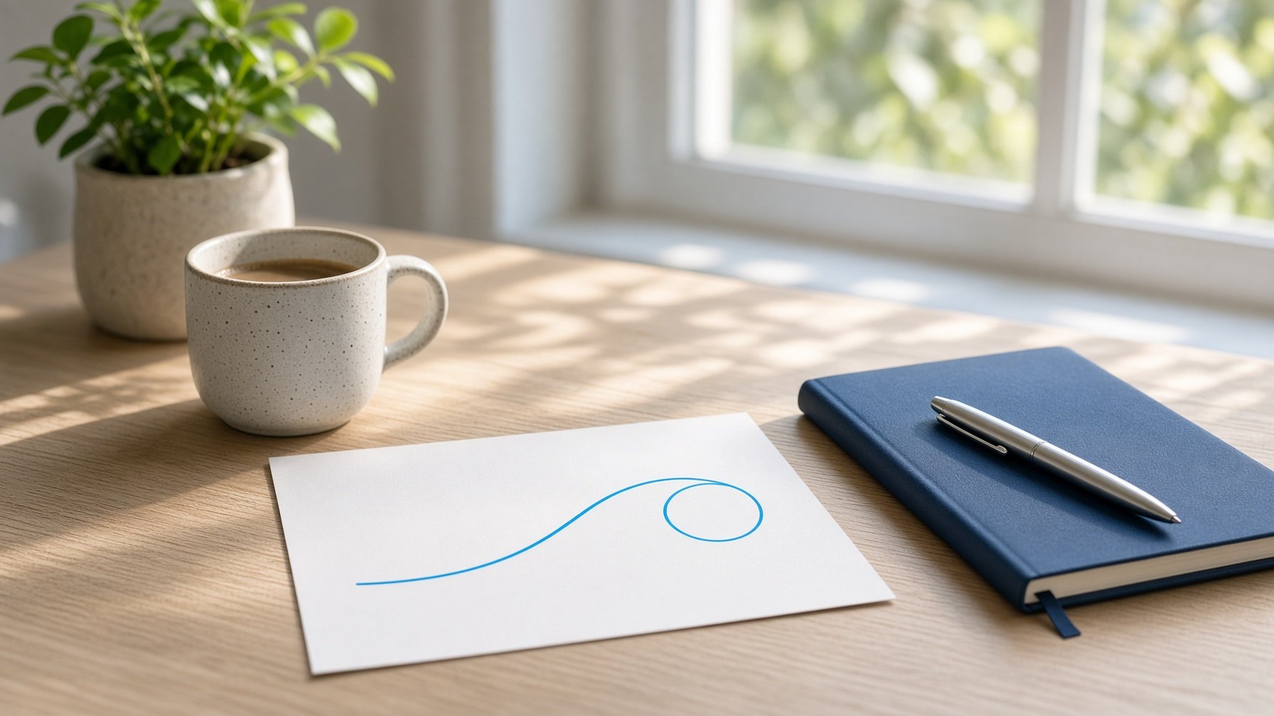 A clear sunlit desk with finished notes, a navy notebook and a single cyan line on paper.
