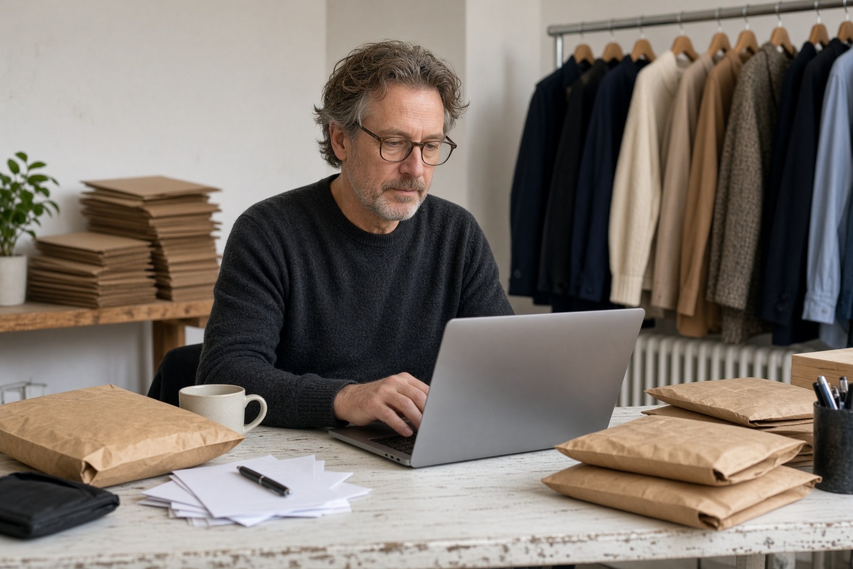 An e-commerce founder at a laptop handling customer enquiries, with mailers and a clothing rail behind.