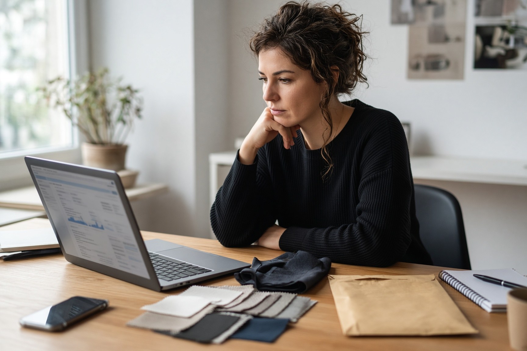 An e-commerce founder at a desk with a laptop, product samples and a kraft mailer, reviewing the business.