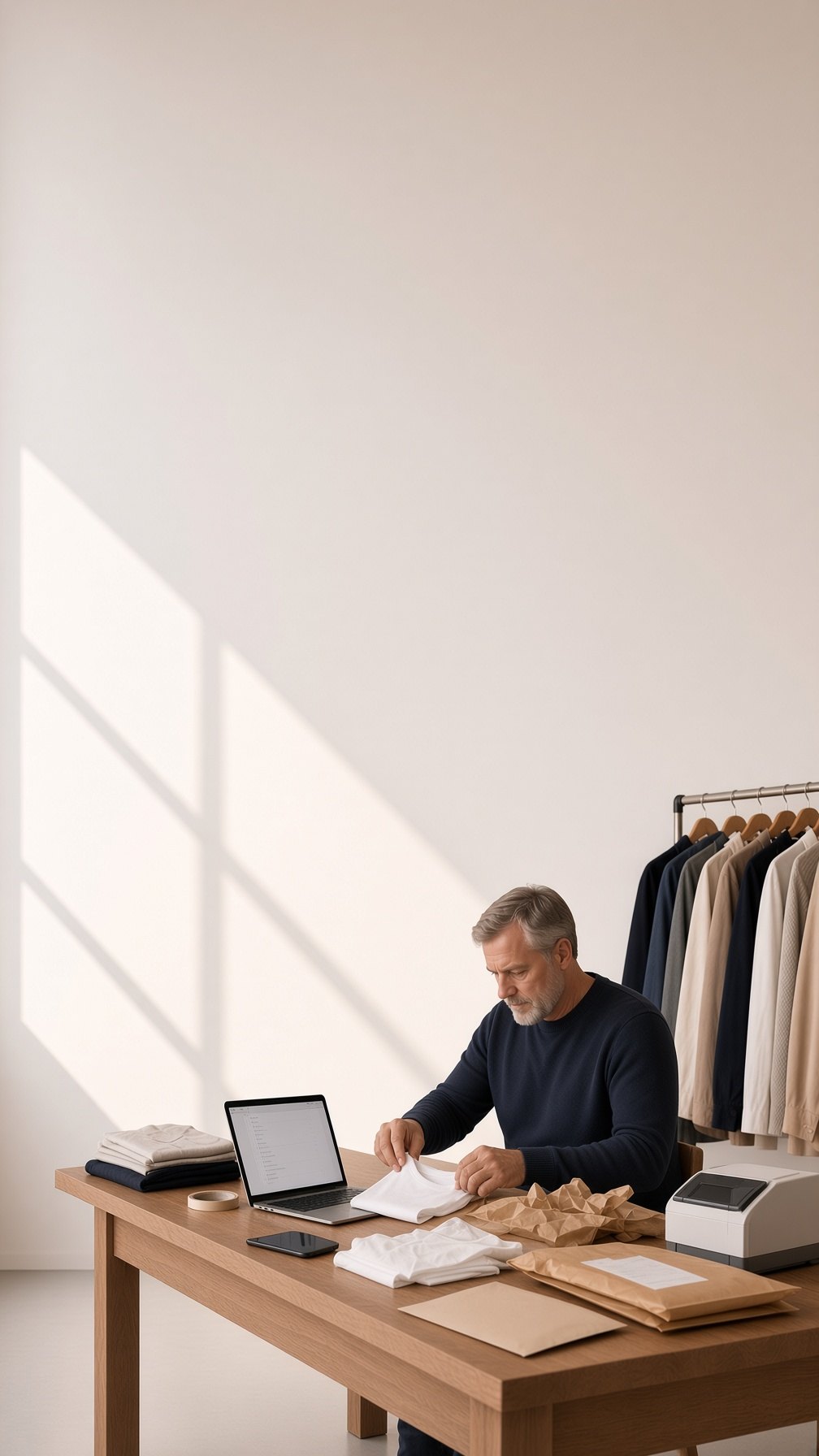 An independent e-commerce founder packing online orders at a studio desk with mailers, a laptop and a clothing rail.