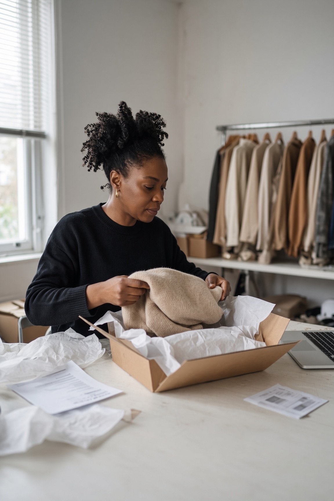 An e-commerce owner packing a garment into a kraft mailer, with a laptop and clothing rail behind.