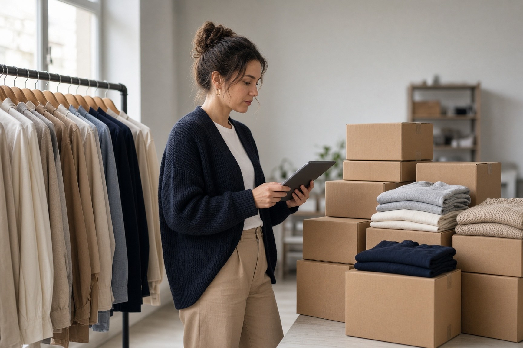 An e-commerce owner checking apparel stock on a clothing rail with a tablet.