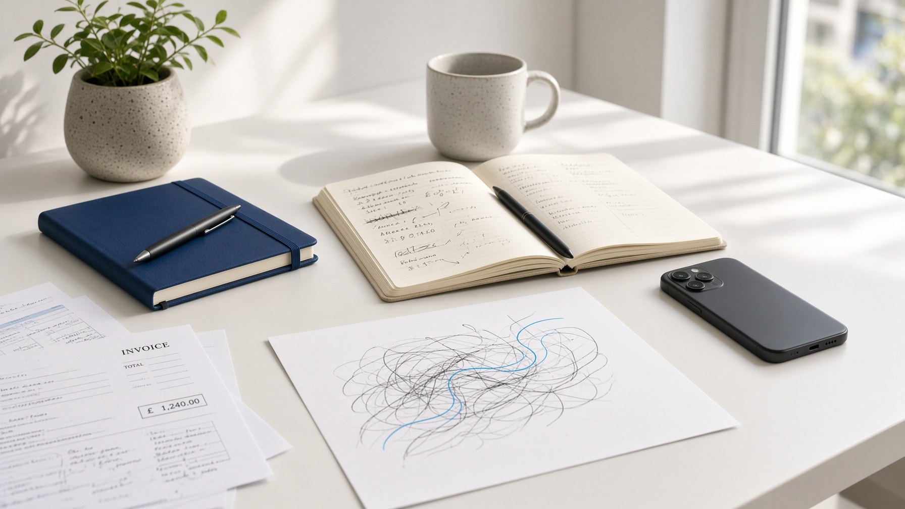 A bright desk covered with notes, a diary, a phone and papers - everyday work beginning to tangle.