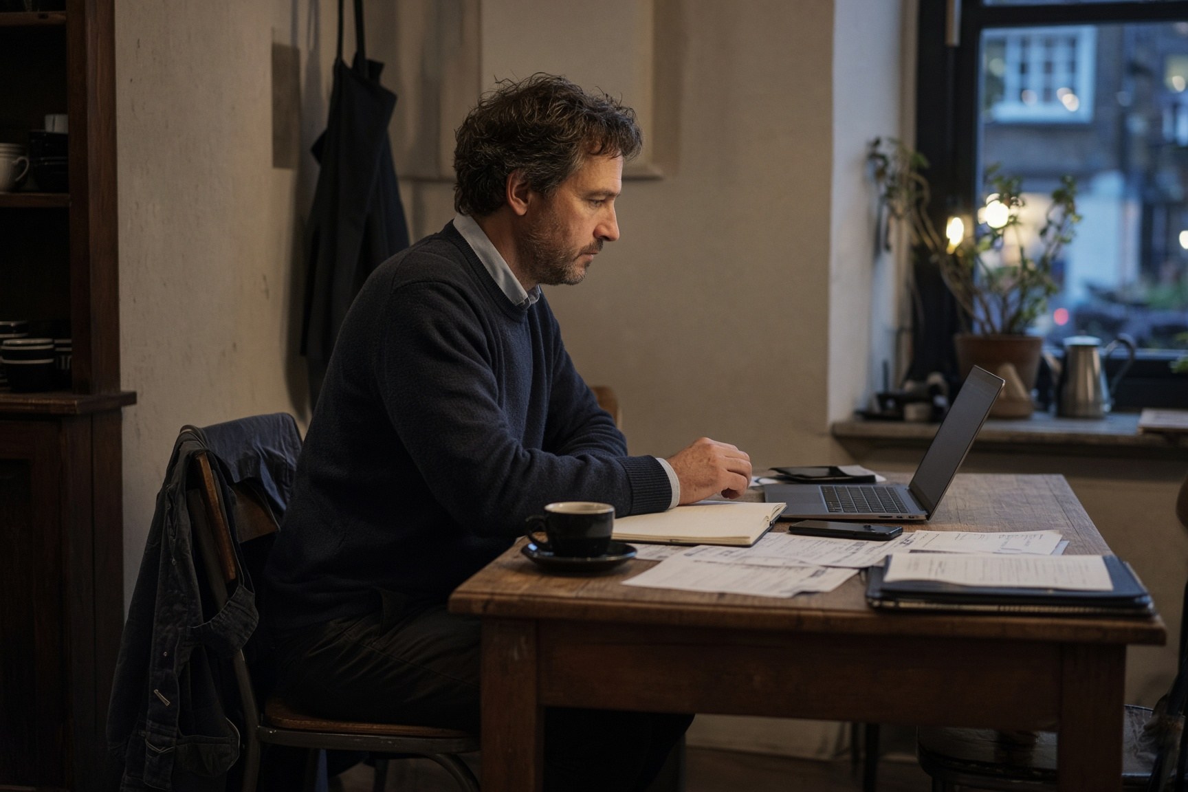 A restaurant owner at a small back-office desk after service, with a laptop, bookings notebook and stacked menus.
