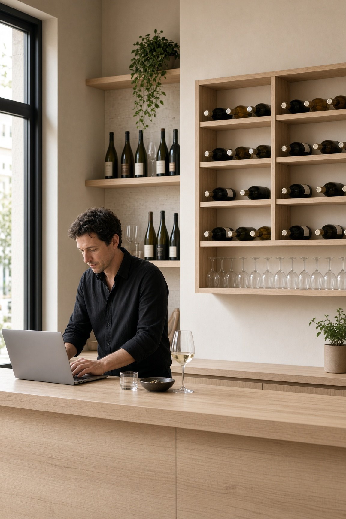 A manager at a modern wine bar, checking a laptop on a pale oak counter.