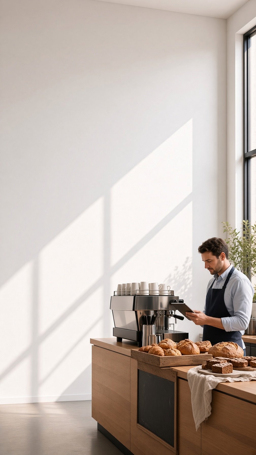 An independent British café before service, with set tables, glasses and an espresso counter, leaving a clear wall for the headline.