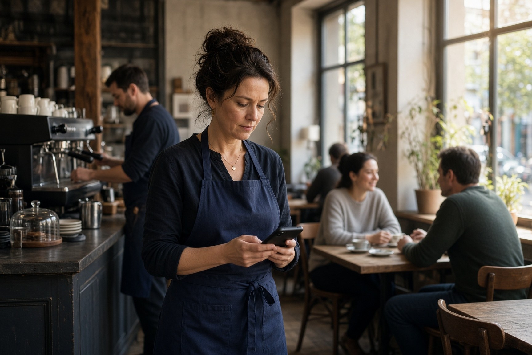 A café manager checking a phone while service continues at the espresso machine behind her.