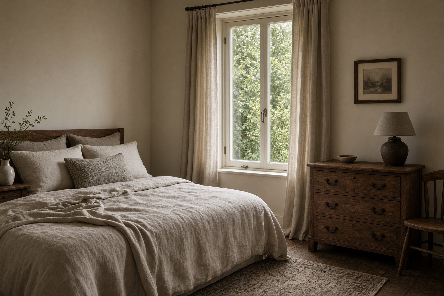 A British boutique hotel bedroom with linen bedding and morning light.