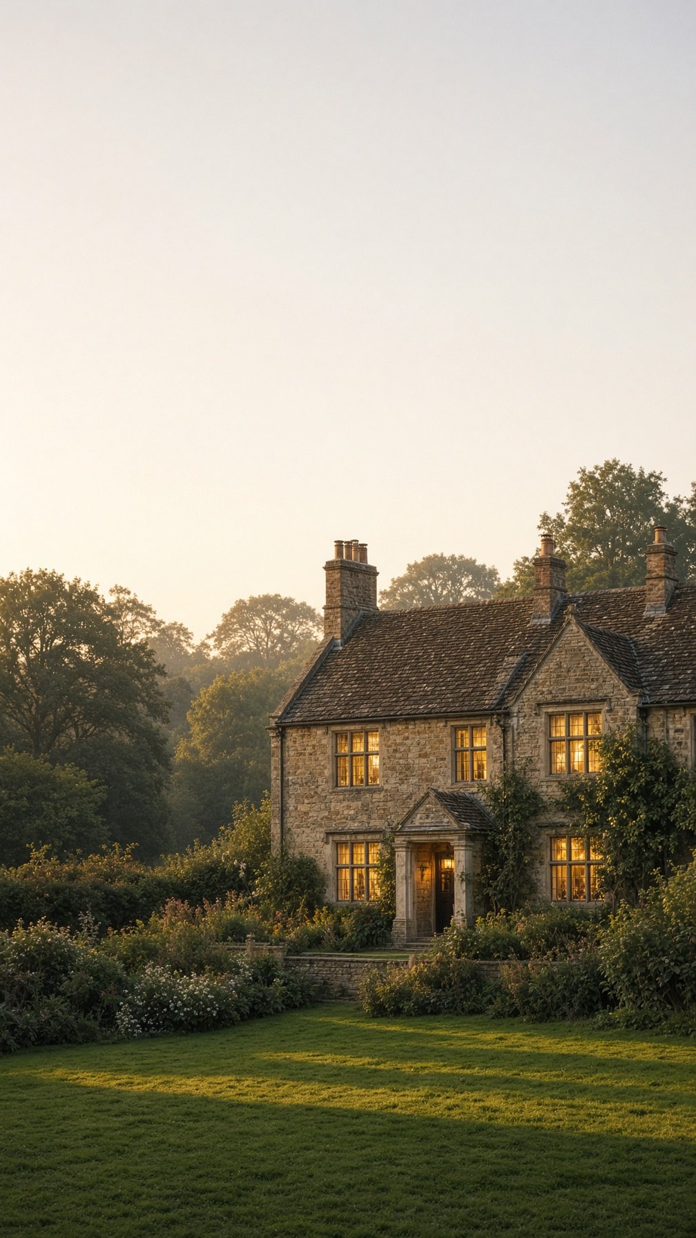 An independent British countryside hotel at golden hour, with warm light in the windows and open sky above the grounds.