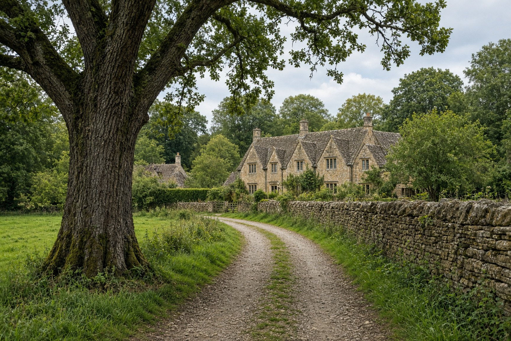 A path through mature trees toward countryside accommodation.