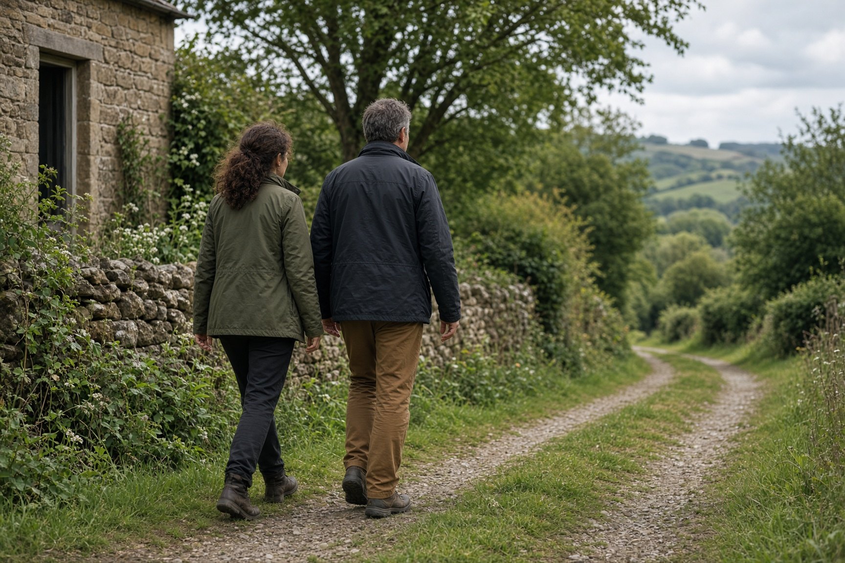 Two people walking a countryside path near independent accommodation.