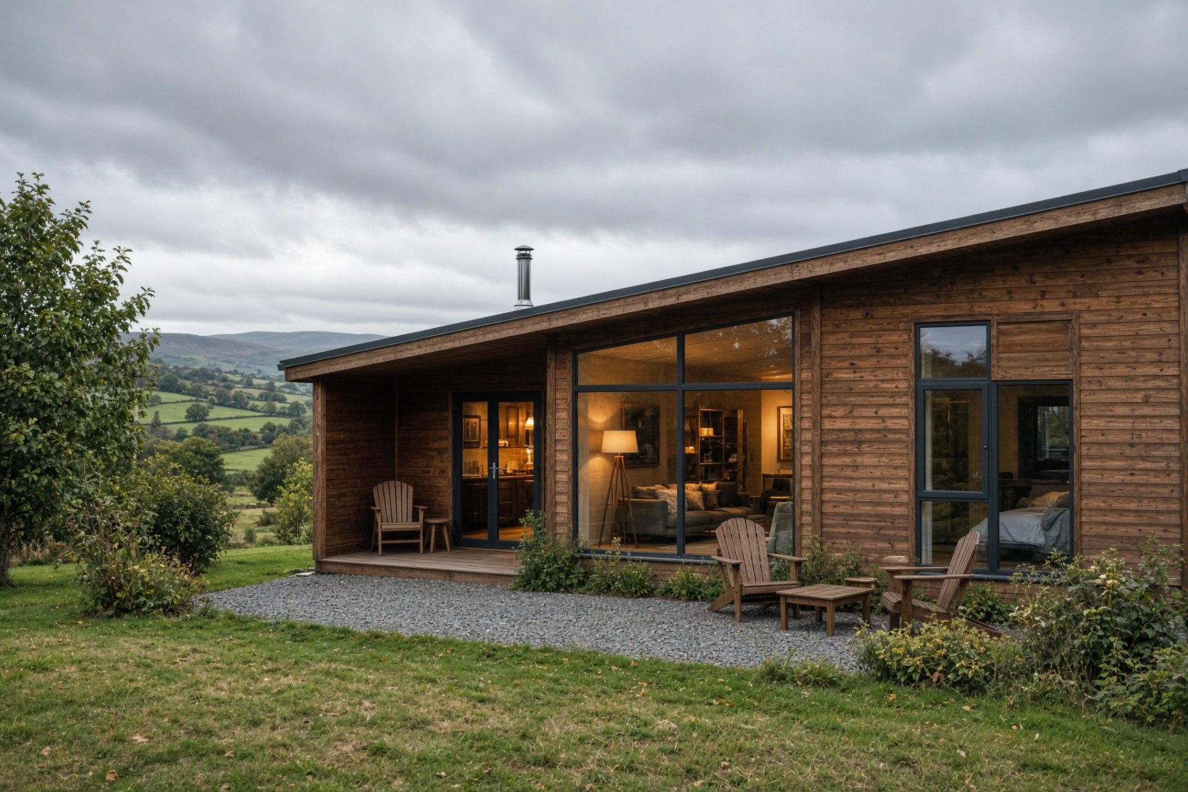 A timber holiday lodge with large windows in the British countryside.