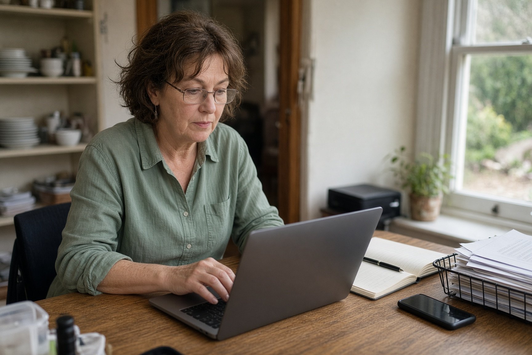 An independent guest-house owner working through bookings at a desk.