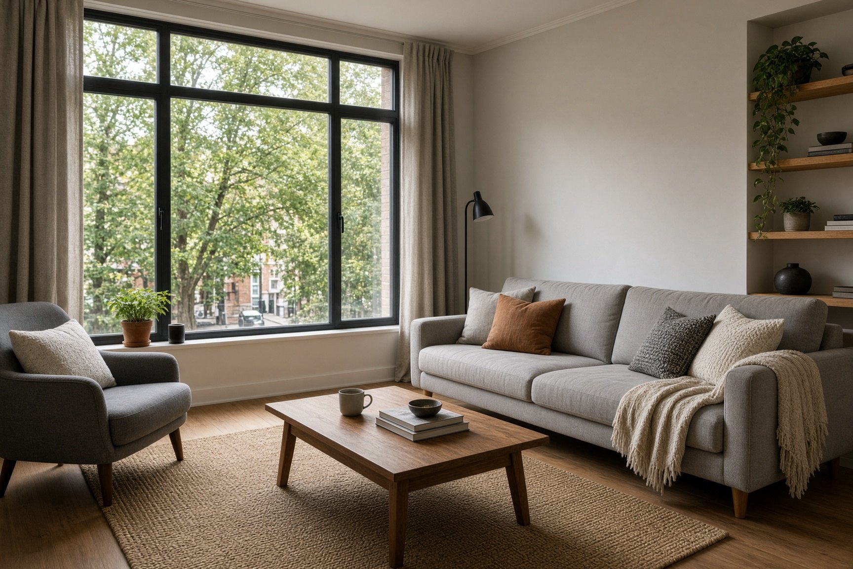 A contemporary UK short-let living room in daylight.