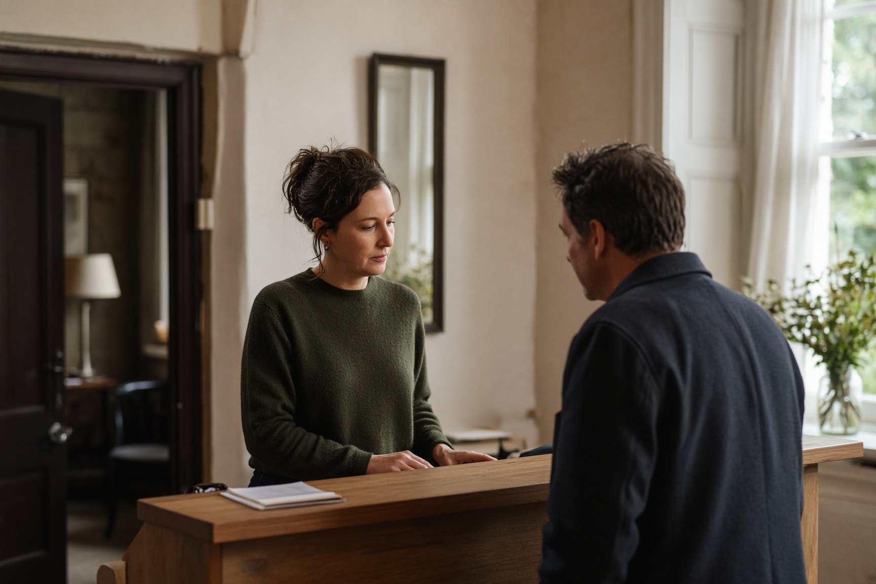 A host speaking with a guest at a small British hotel reception.