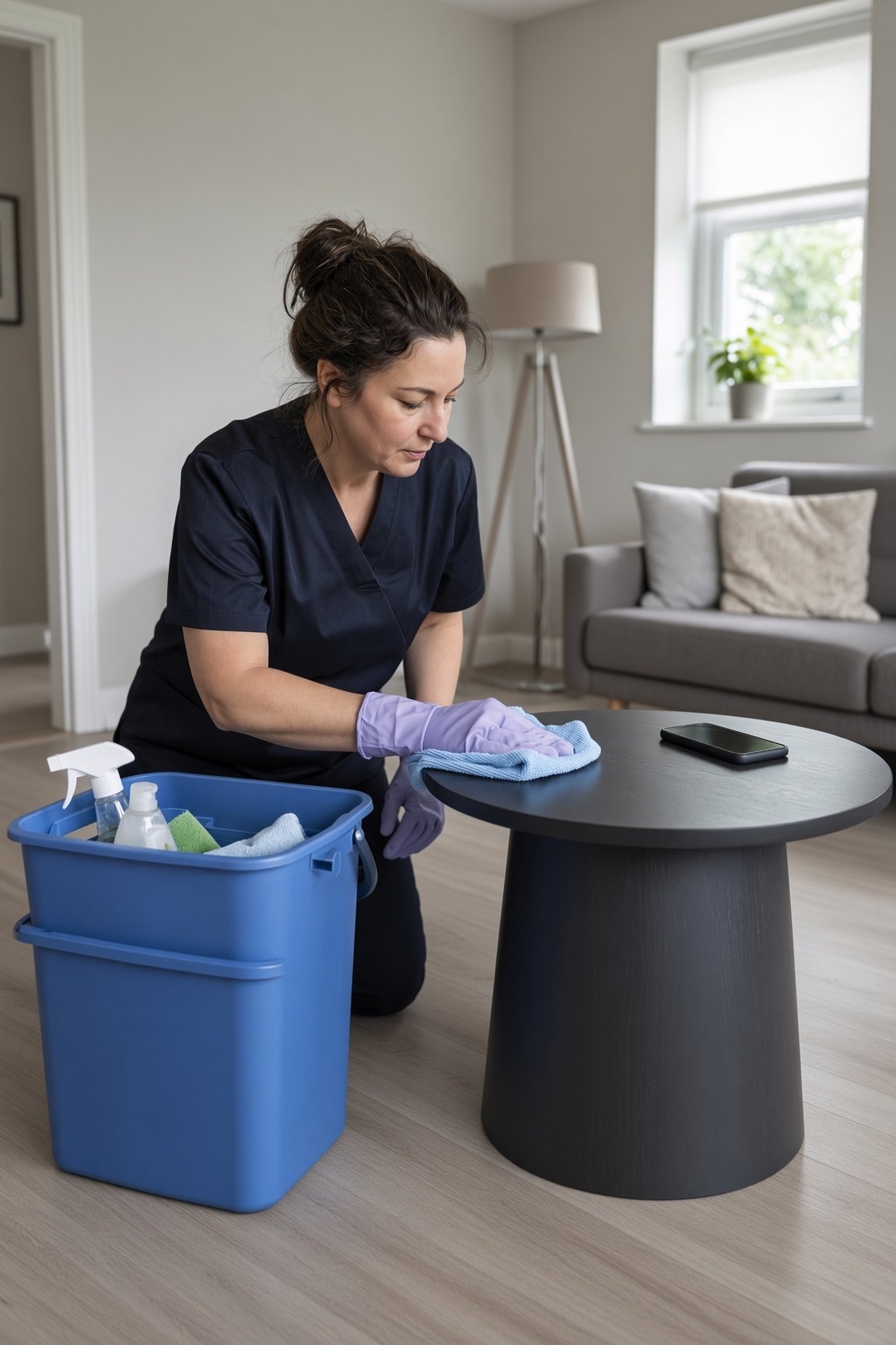 A domestic cleaner working in a modern British home, with a phone on a nearby table.