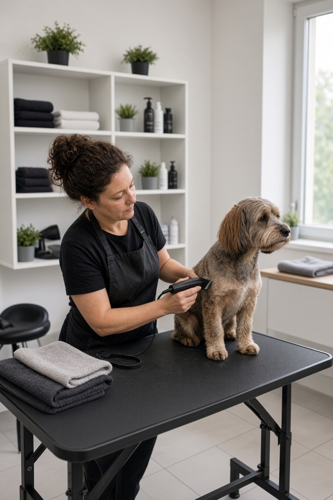 A dog groomer at work on a grooming table in a small independent salon, with a phone on the side shelf.