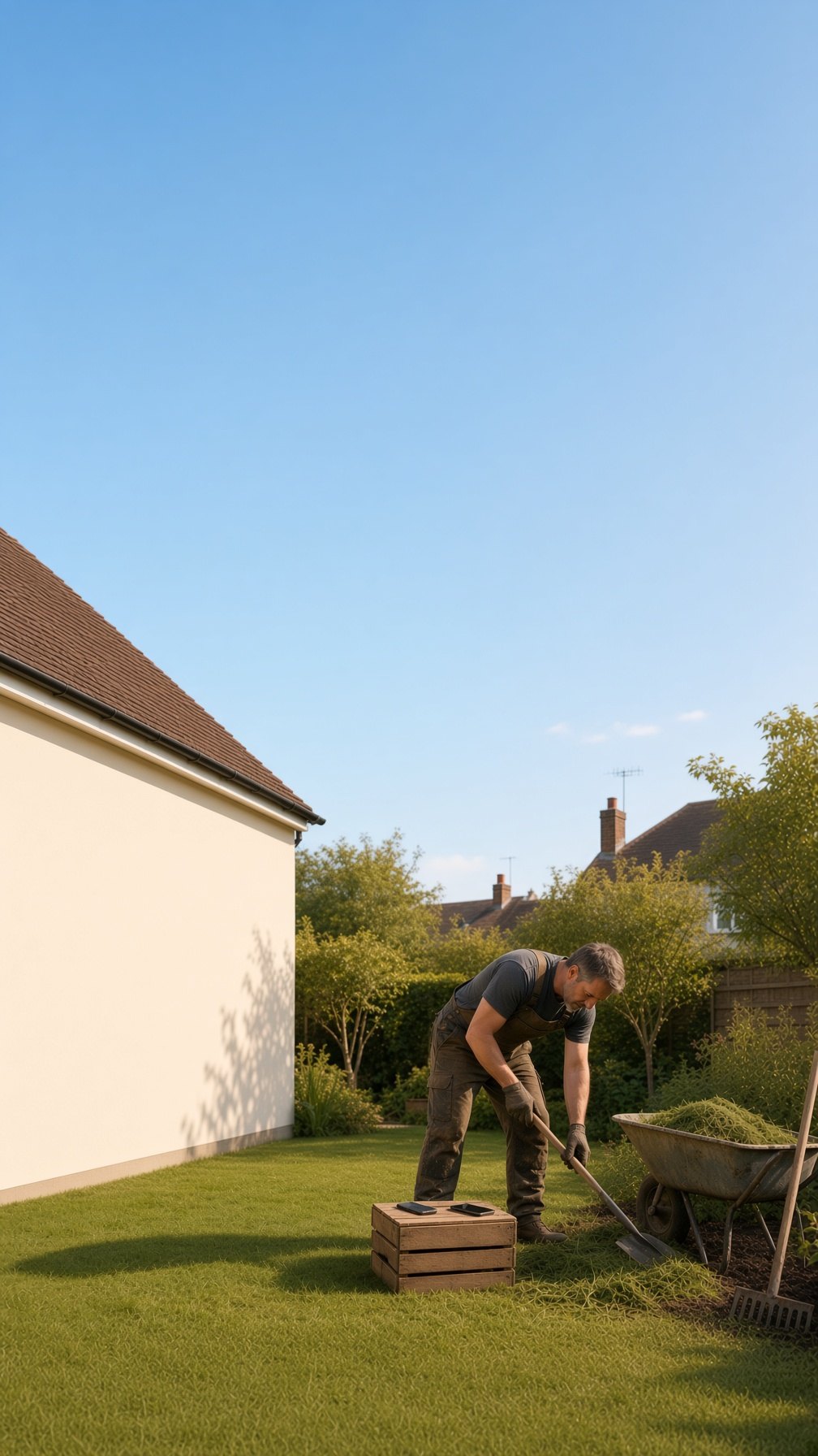 A professional gardener working in a British residential garden, with a smartphone nearby on a crate.
