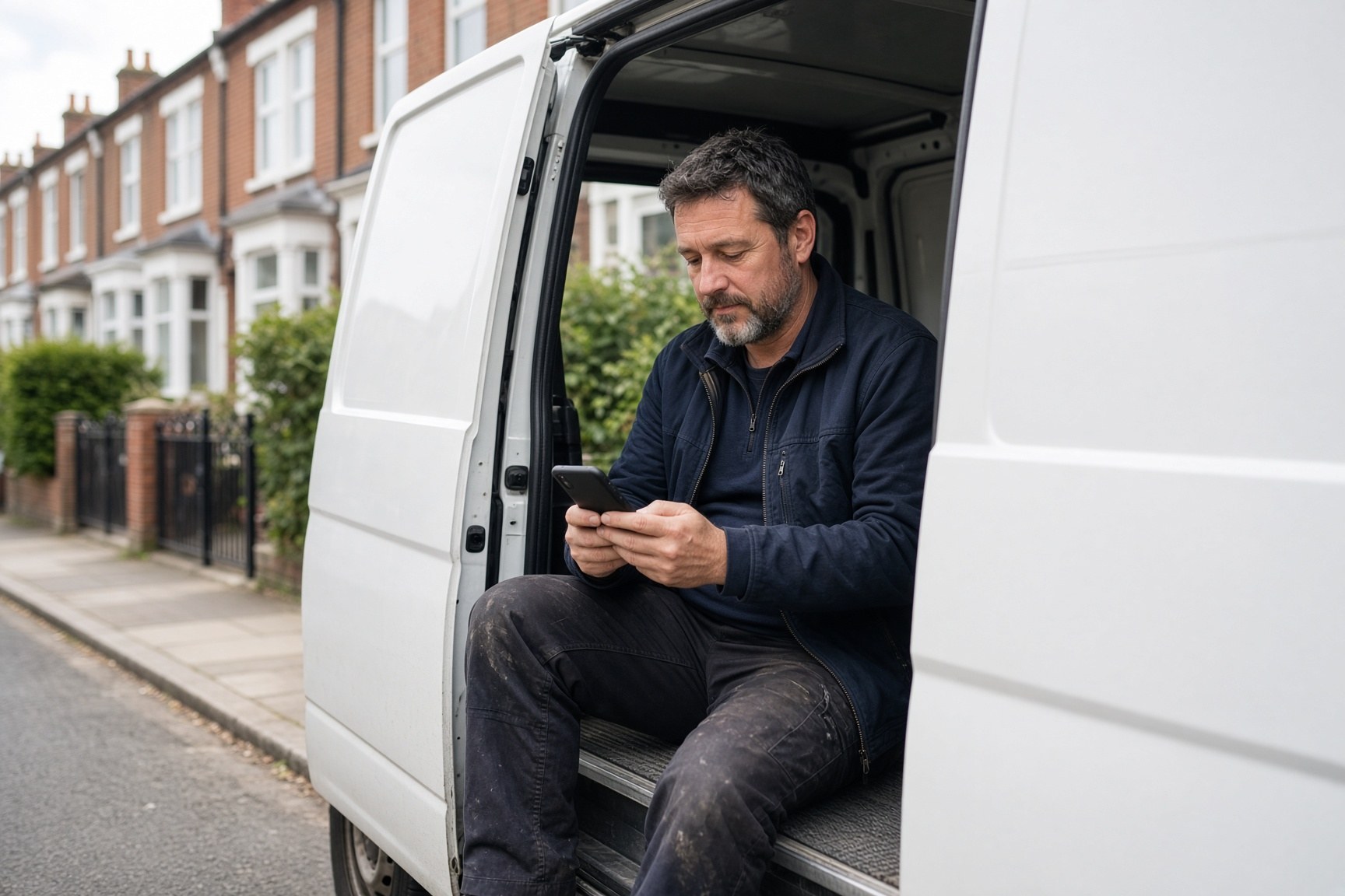A local service owner sitting in the doorway of a work van between jobs, checking a smartphone.