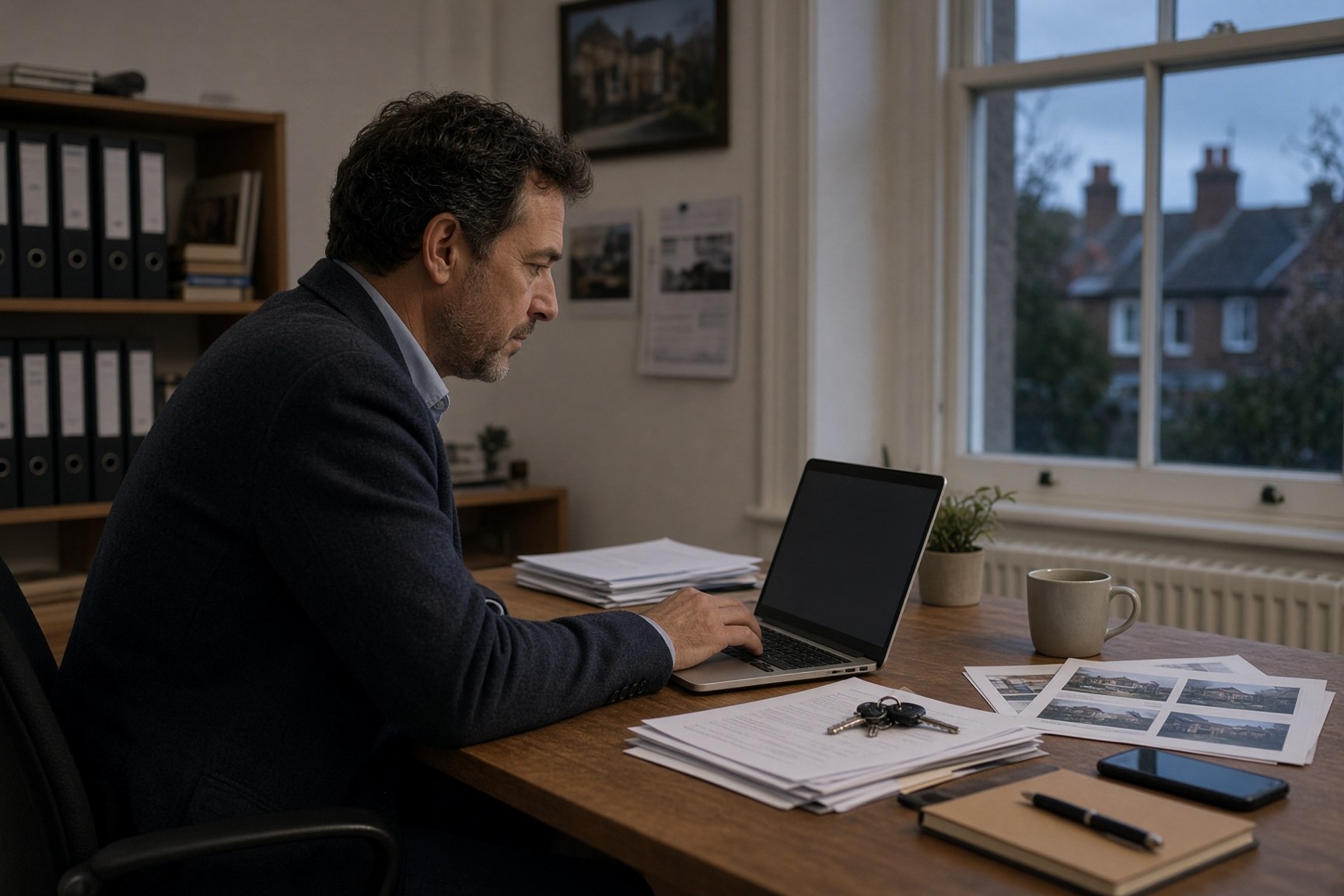 A property manager reviewing paperwork and a laptop in a quiet independent office, with keys and documents on the desk.