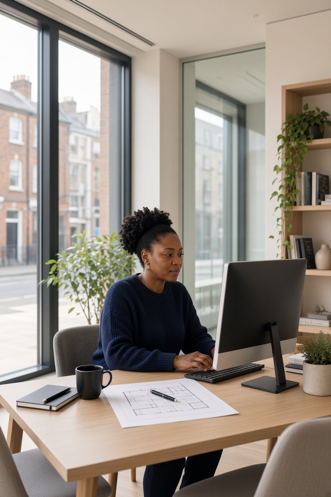 A property professional working at a computer in a contemporary independent UK estate agency.