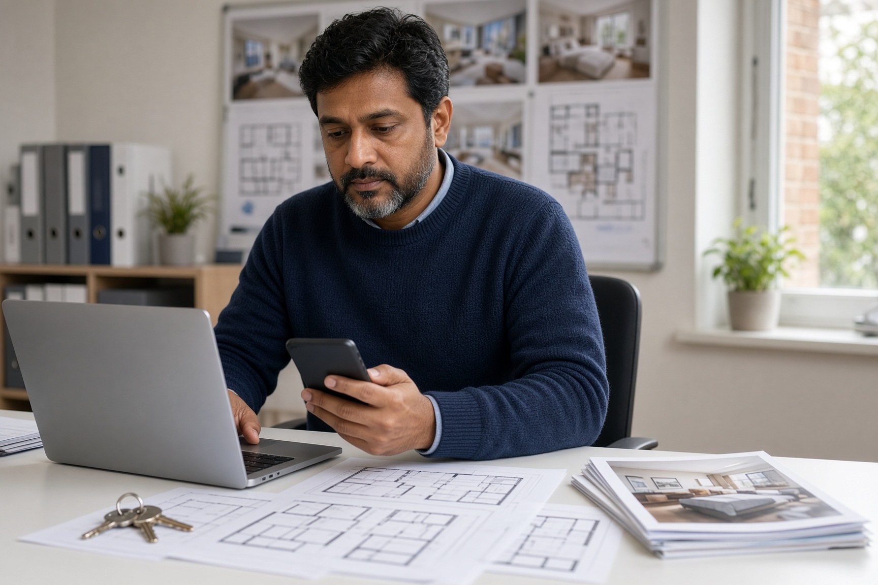 A lettings agent at a desk with a laptop, smartphone, house keys and floor plans.