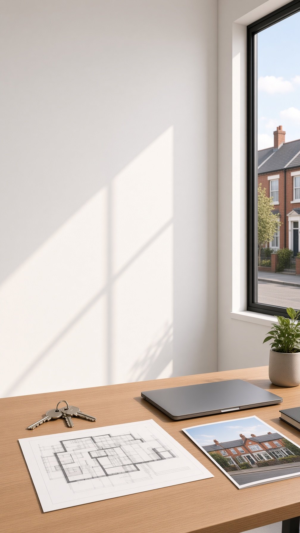 A pale oak property-office desk with house keys and floor plans, a British home visible through the window.