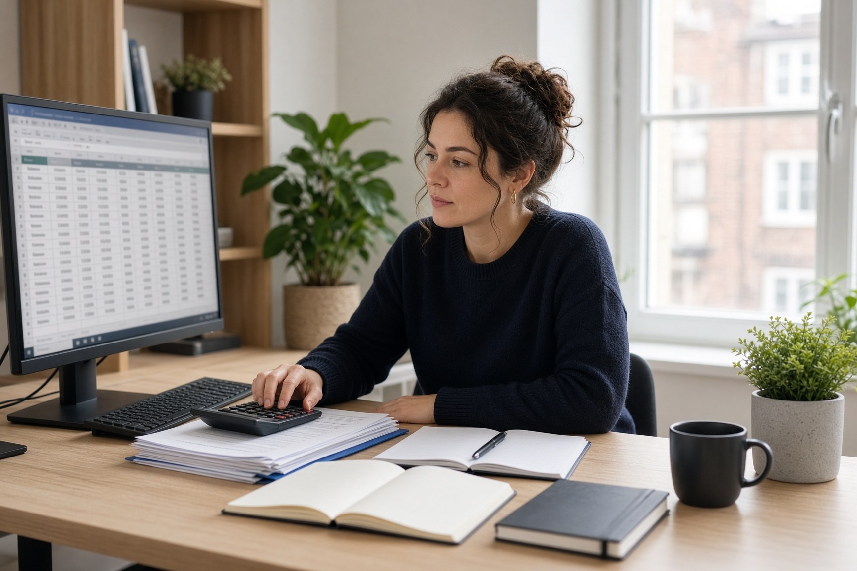 An accountant at a contemporary desk working through financial information on a large monitor.