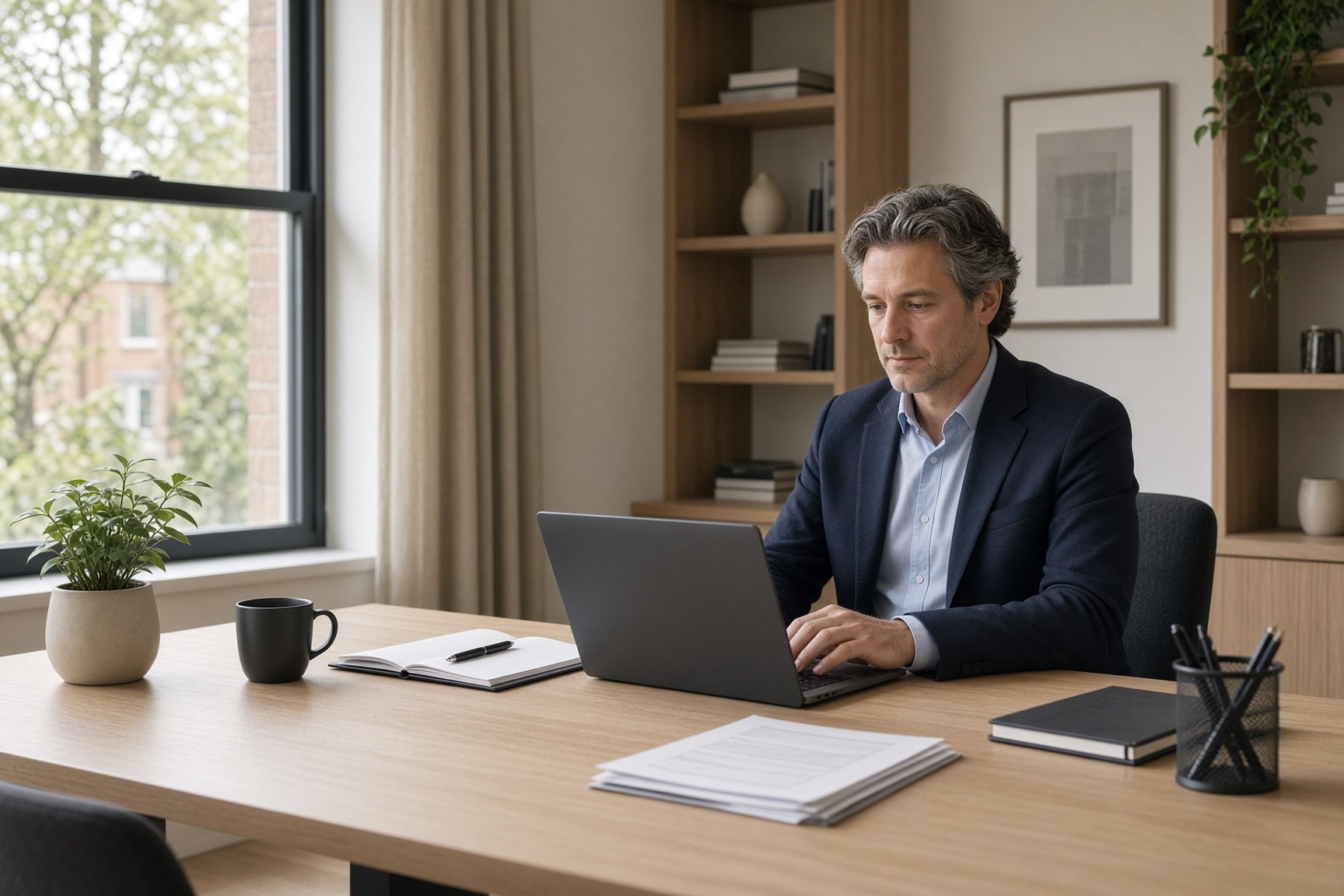 A professional working calmly at a clean modern desk with organised papers and a laptop.