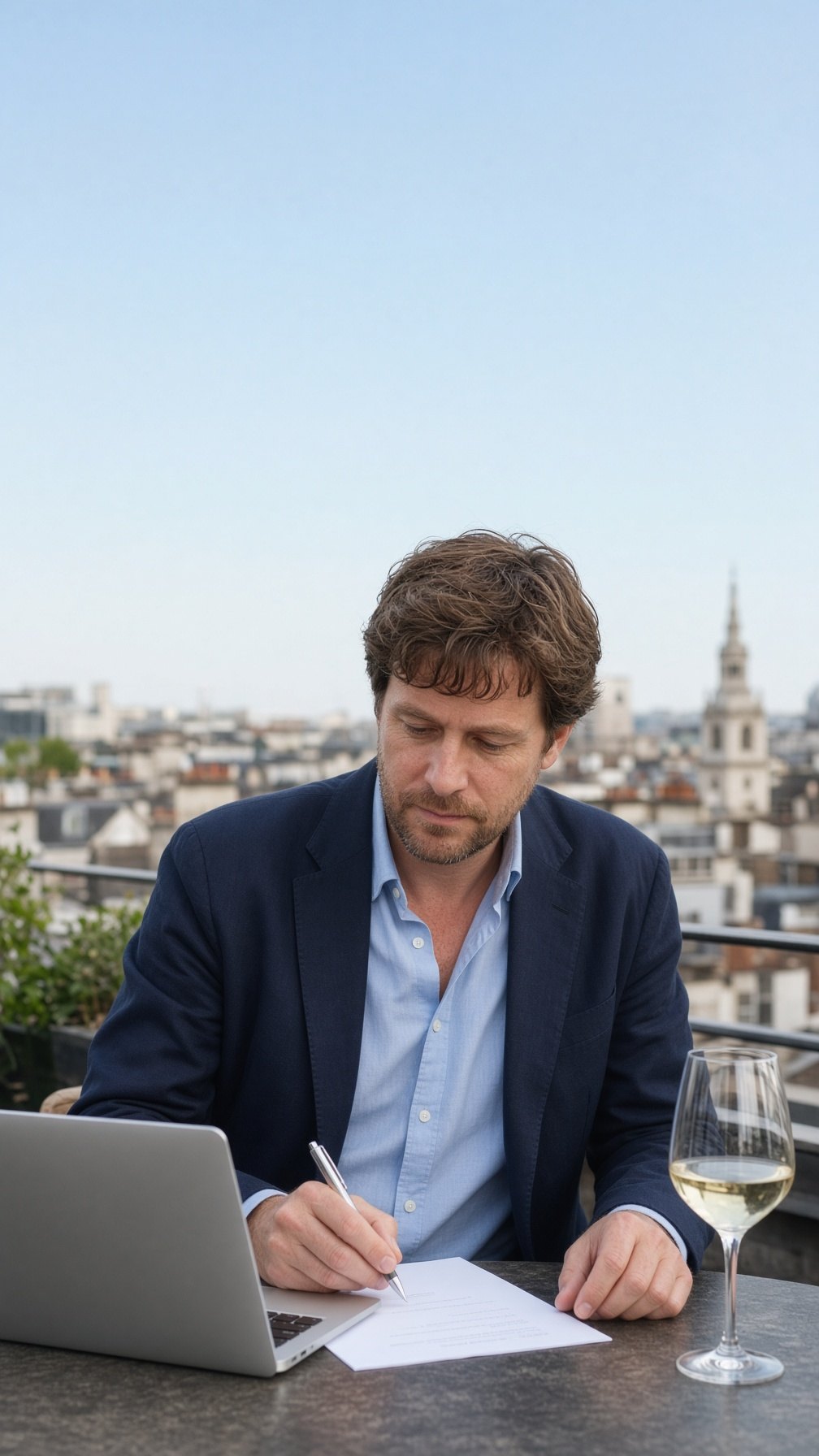 A professional working at a London rooftop restaurant table, with the city skyline behind him.
