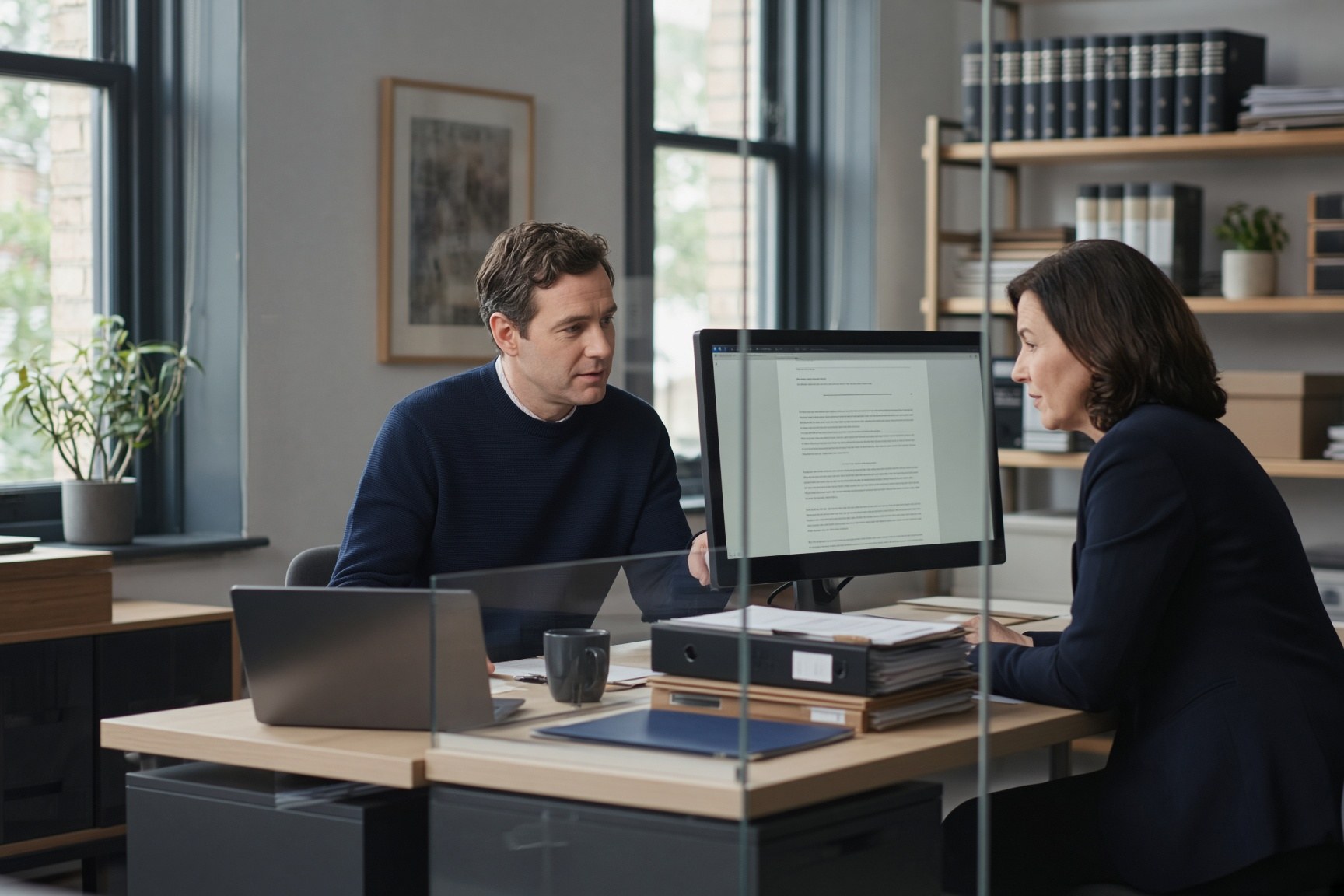 A solicitor reviewing documents on a monitor while speaking with a colleague in a modern independent law office.