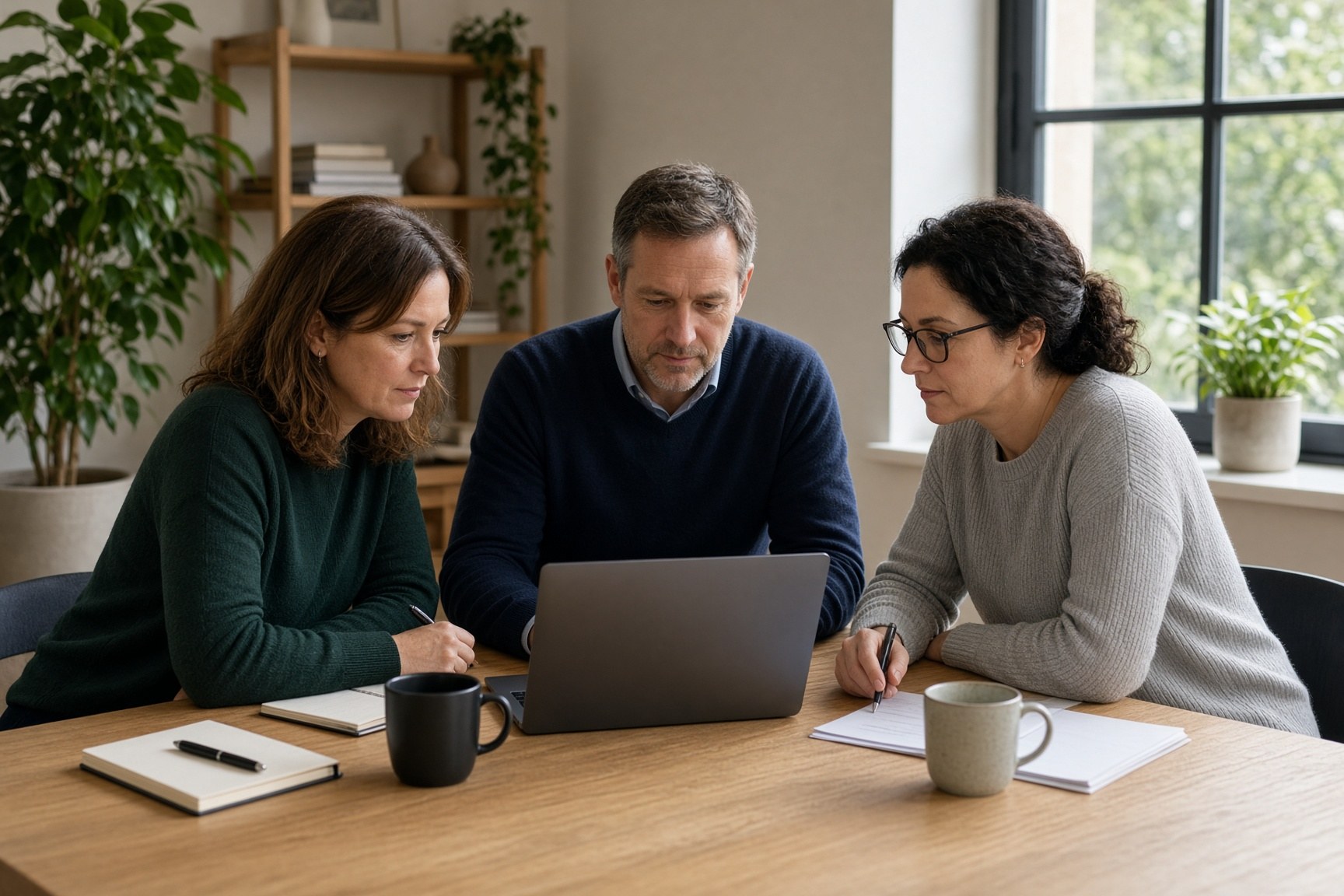 A small professional-services team reviewing work together around a laptop in a modern independent office.