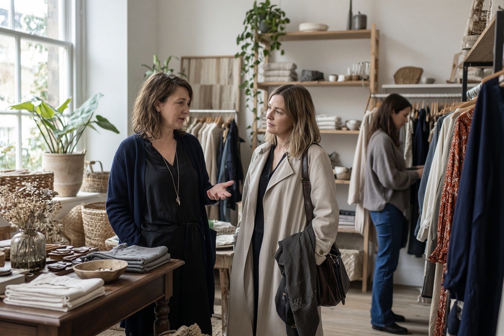 The owner of an independent boutique talking with a customer on a busy but controlled shop floor.