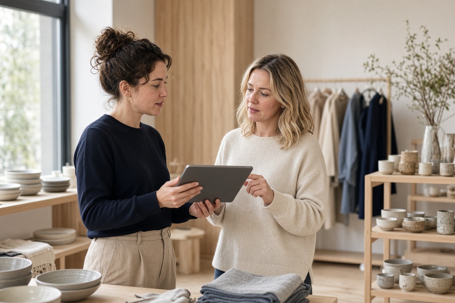 A shop assistant helping a customer on the boutique floor, checking stock on a tablet.