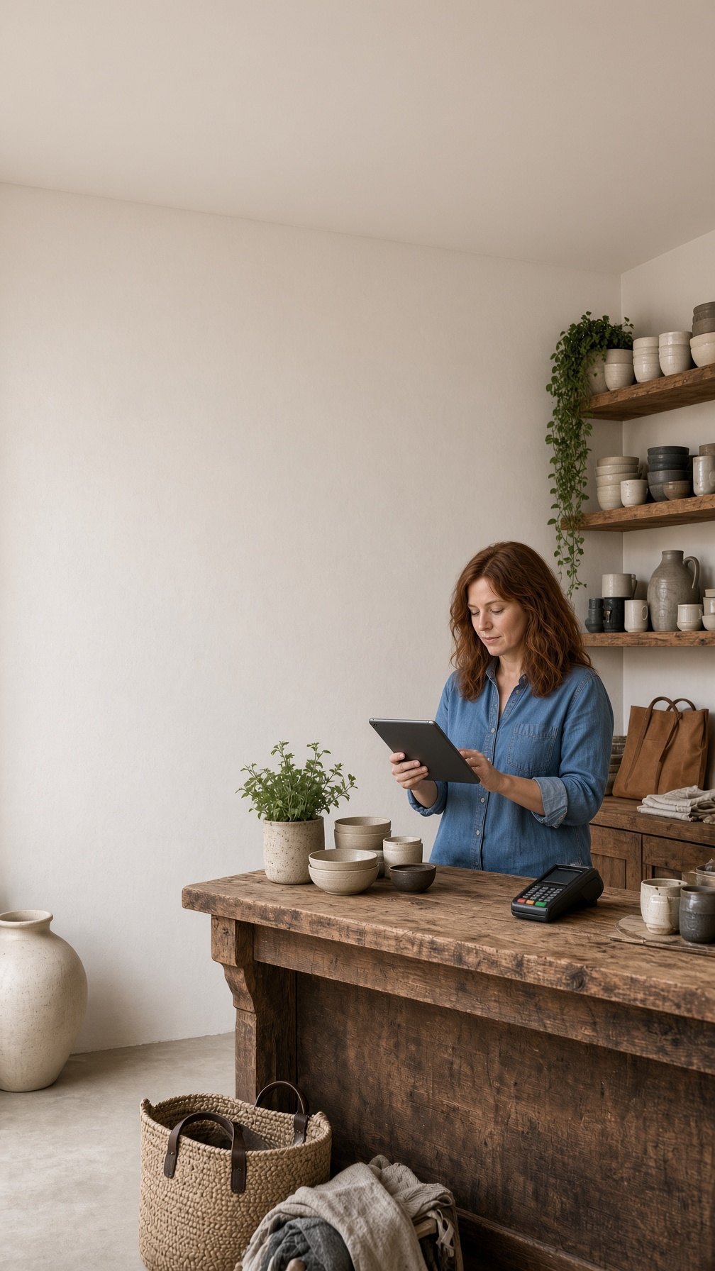 An independent shop owner on the boutique floor with a tablet, ceramics, bags and a card terminal.