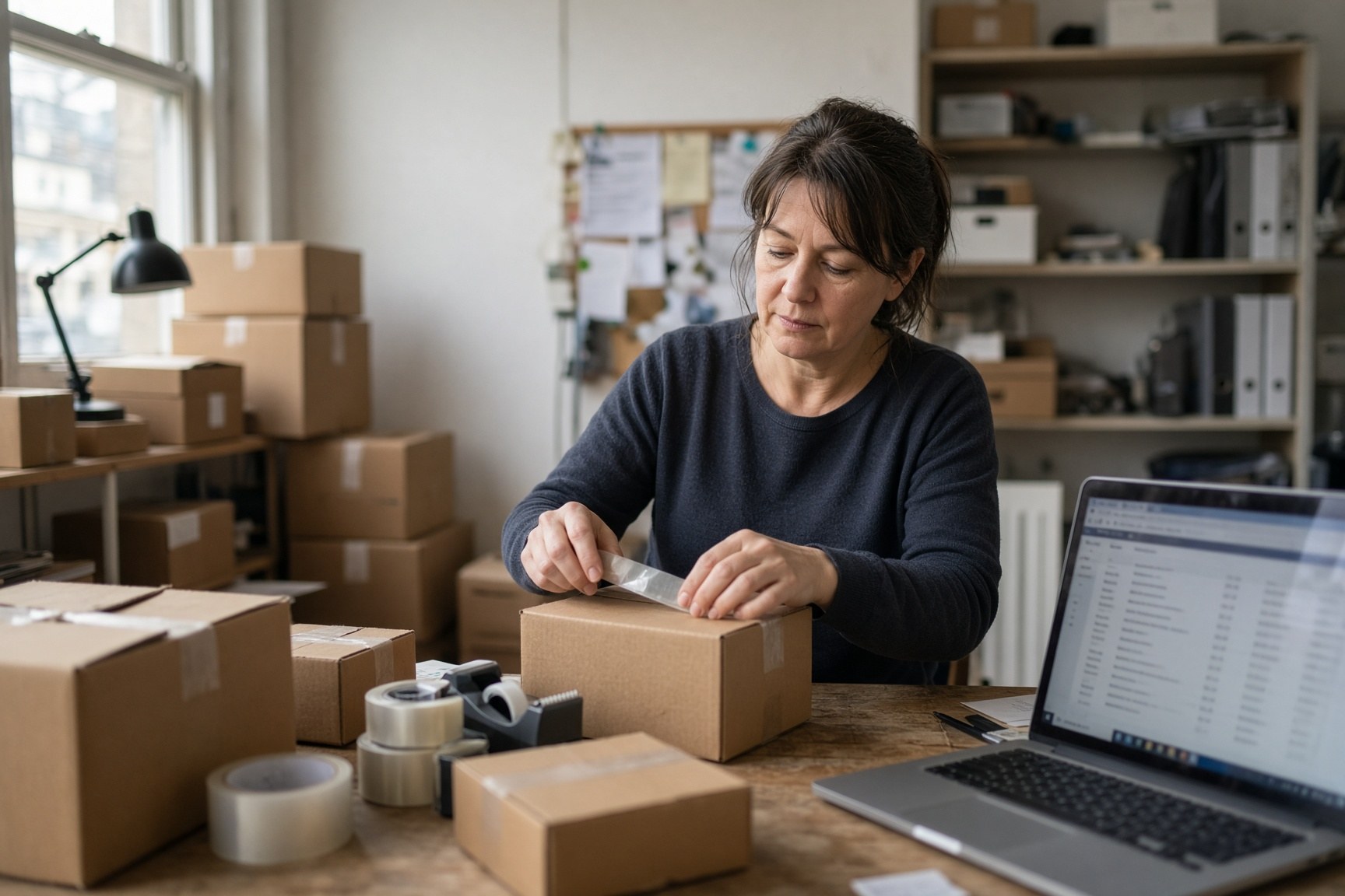 A retailer in a small back office with parcels and a laptop, dealing with online orders.