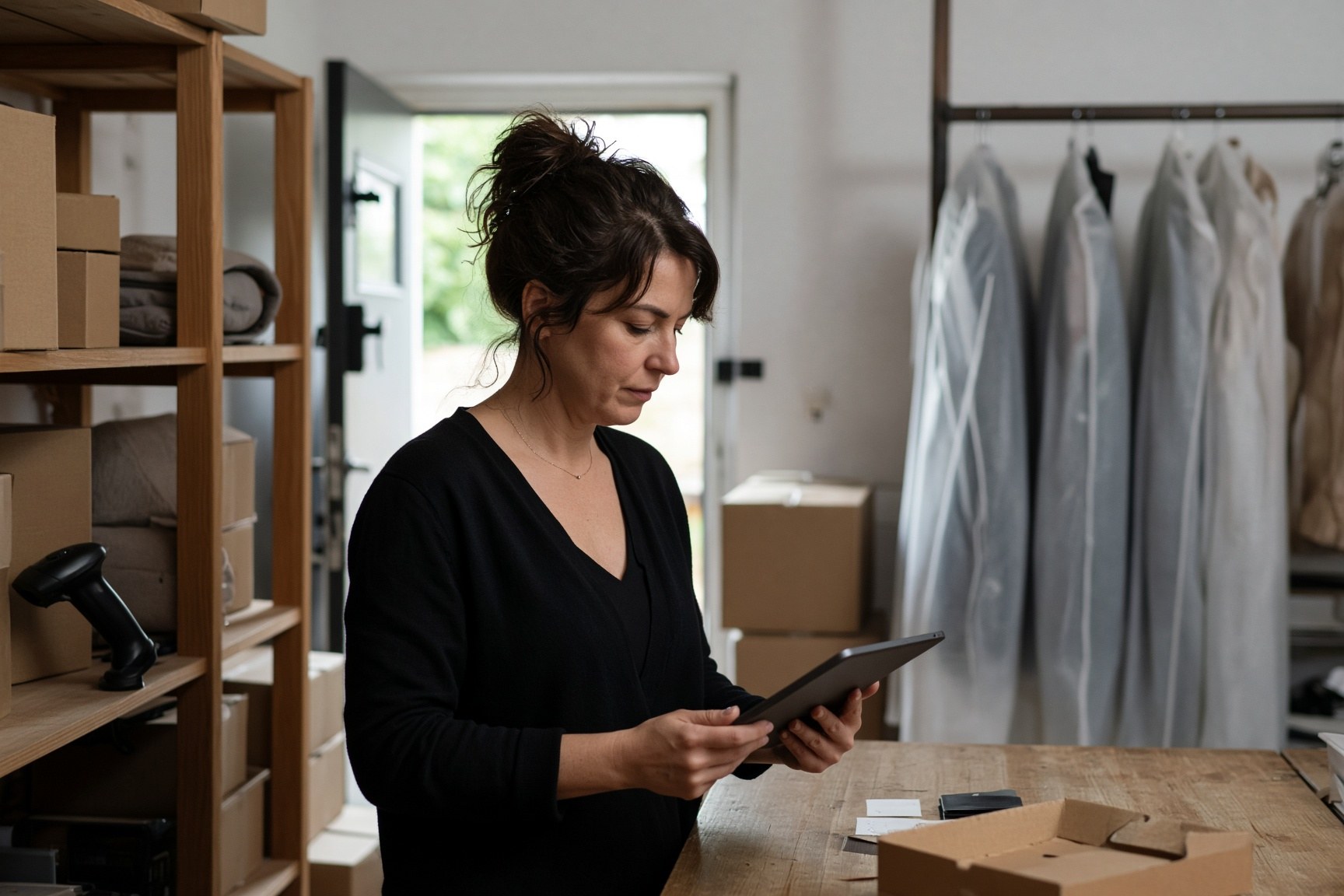 A retail owner checking inventory on a tablet in a small modern stockroom.