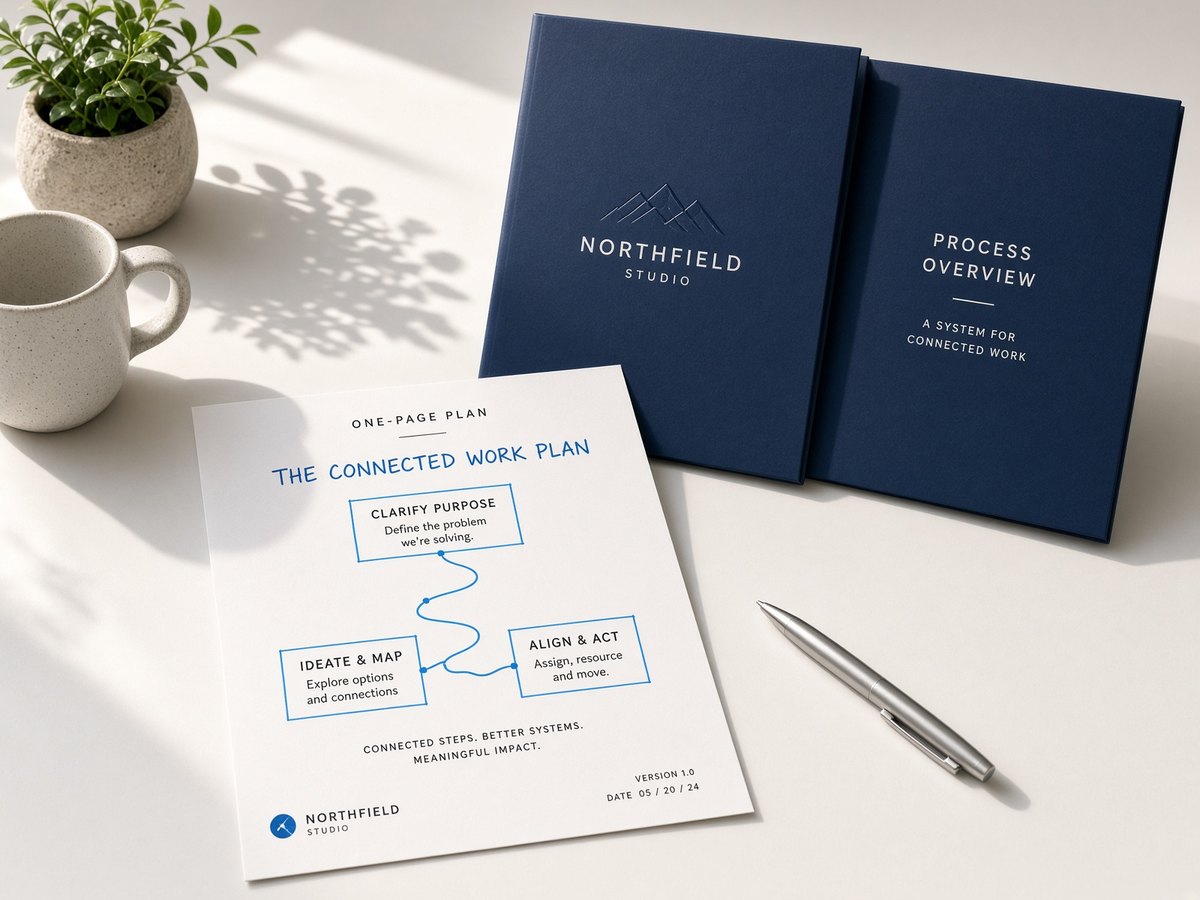 Navy folders and a printed plan with a single cyan path drawn on it.