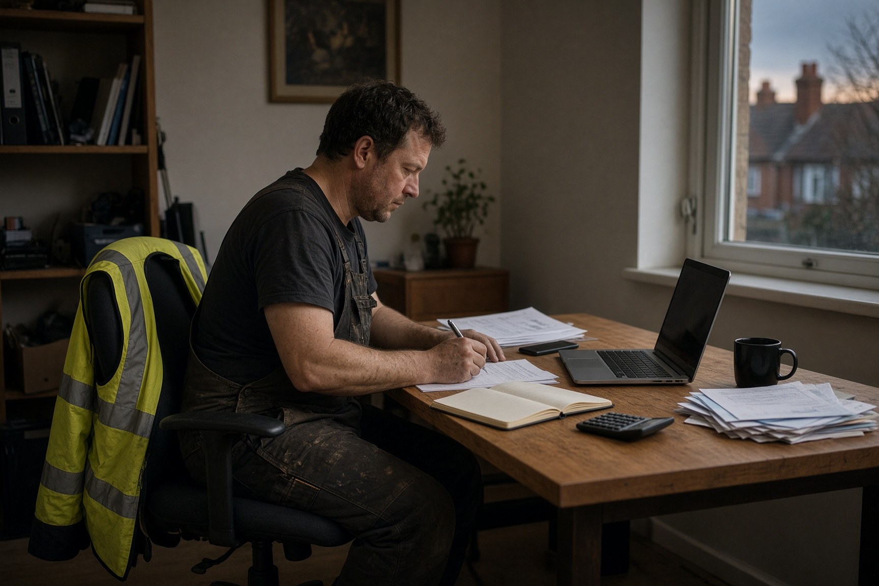 A tradesperson at a kitchen-table desk after work, with invoices, a laptop and a hi-vis jacket nearby.