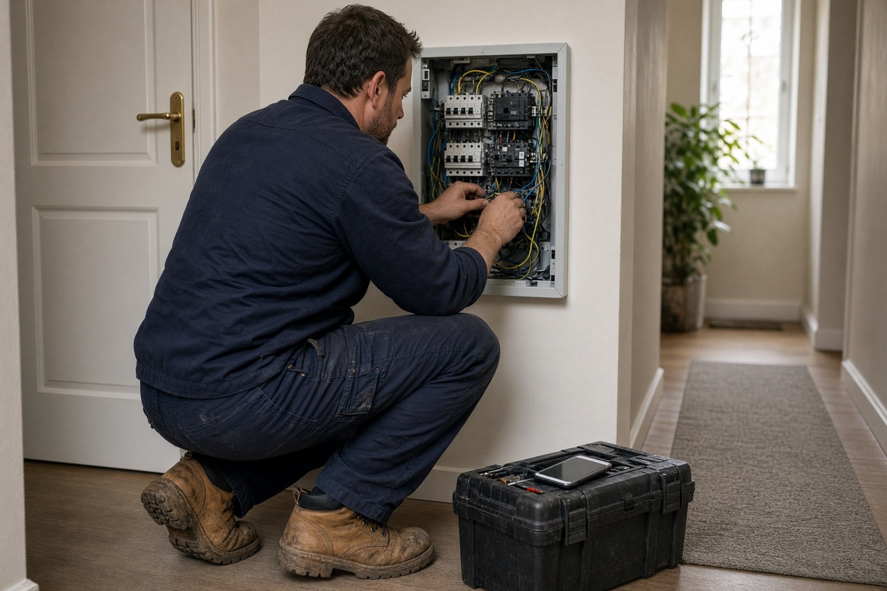 An electrician working on a consumer unit in a British hallway, with a phone resting on the toolbox.