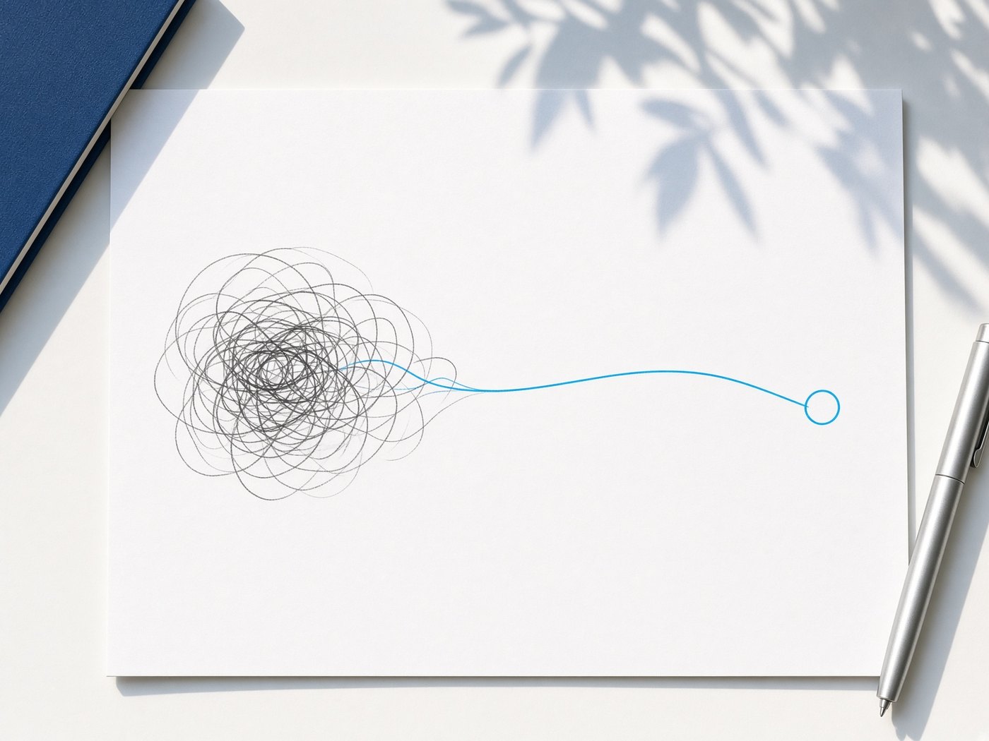 An overhead photograph of a page where a tangled pencil route resolves into one clean cyan line.